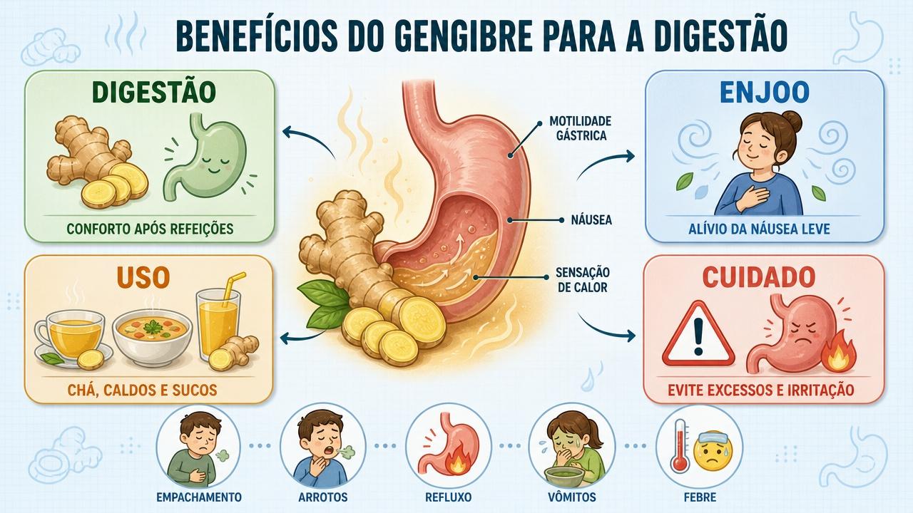 Infográfico resume digestão, enjoo, formas de uso e cuidados com gengibre.