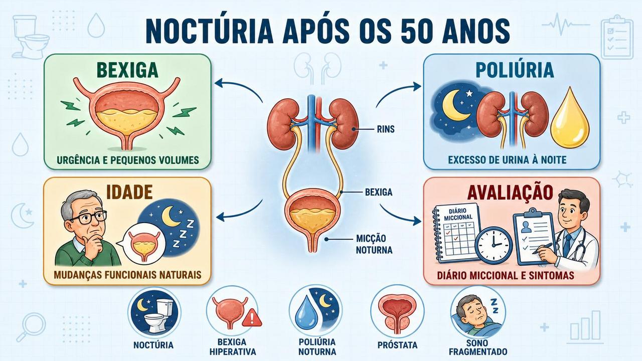 Bexiga, poliúria, idade e avaliação clínica formam os pilares da noctúria.