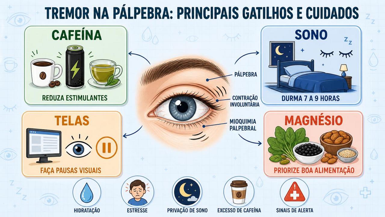 Infográfico resume gatilhos, cuidados diários e sinais de alerta do tremor palpebral.