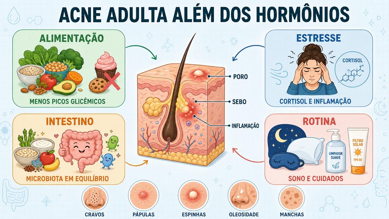 Infográfico resume quatro pilares que influenciam a acne adulta além dos hormônios.