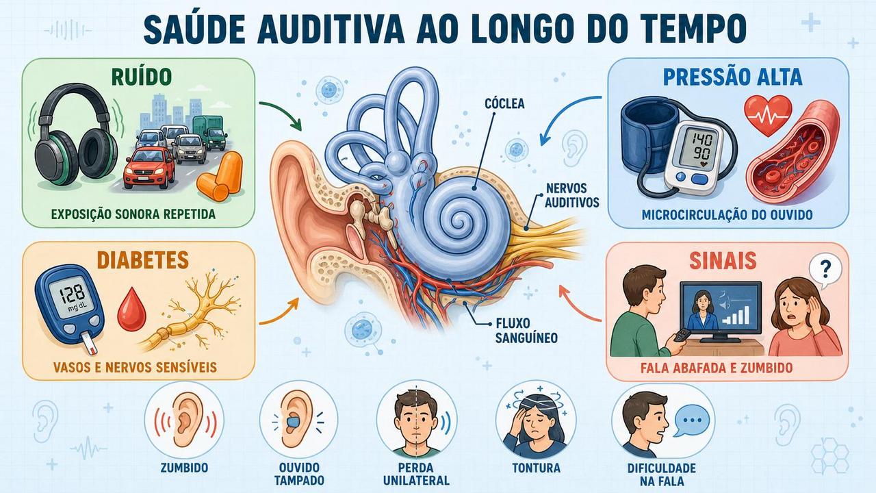 Ruído, hipertensão, diabetes e sinais de alerta formam os pilares da audição.