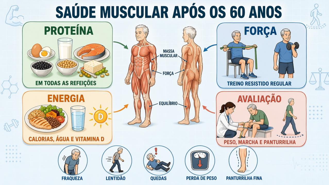 Proteína, treino, energia e avaliação sustentam a saúde muscular após os 60.