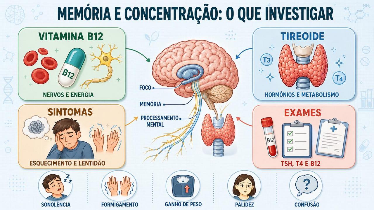 Vitamina B12, tireoide, sintomas e exames orientam a investigação clínica.