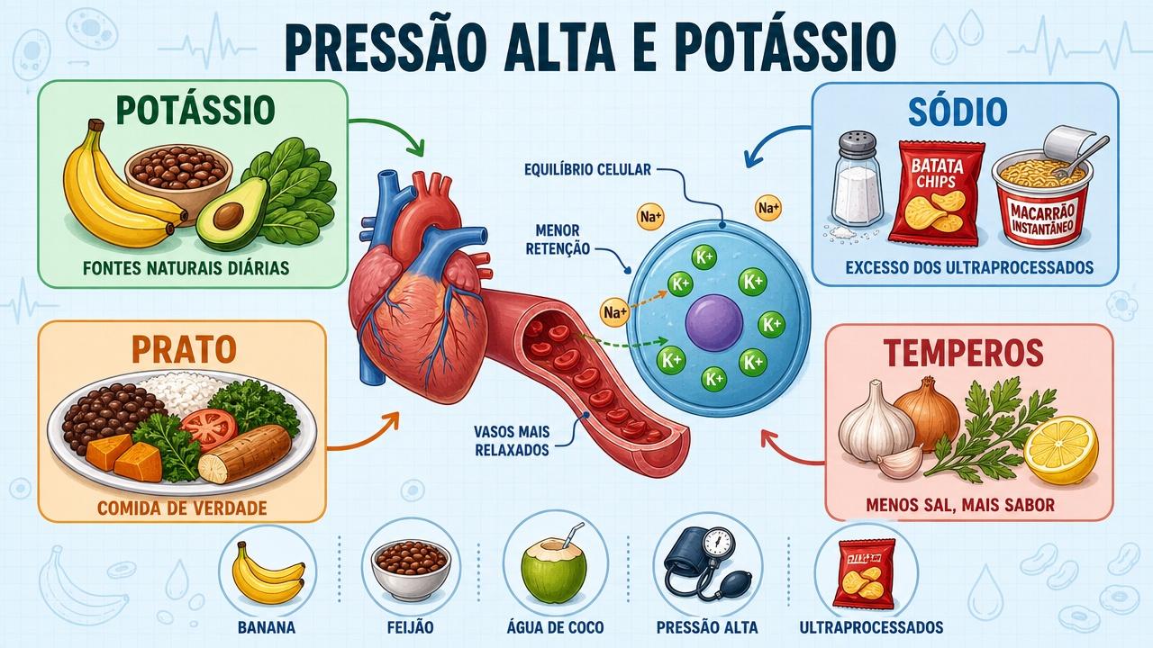 Quatro pilares para equilibrar sódio, potássio e pressão alta no dia a dia.