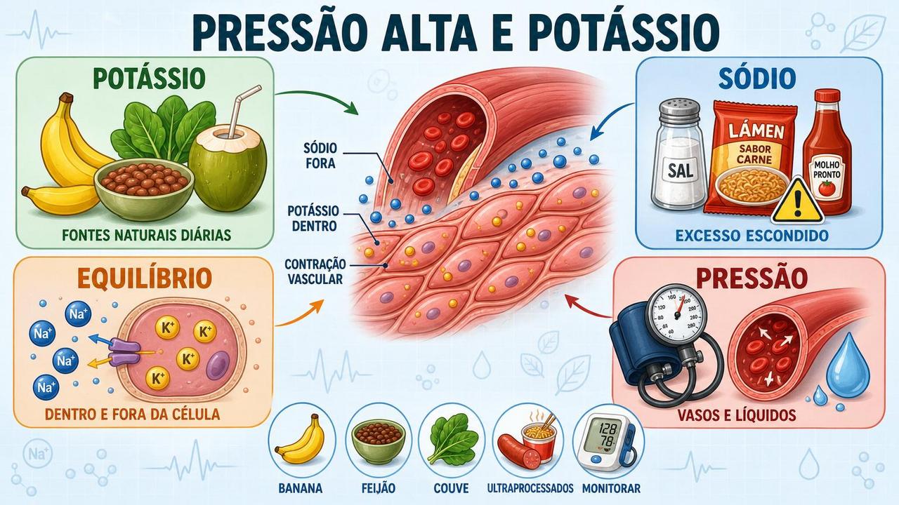 Quatro pilares explicam como potássio e sódio influenciam a pressão arterial.