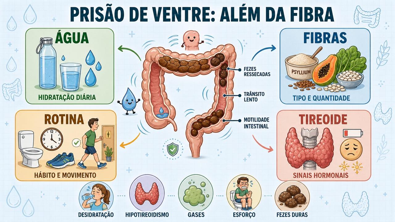Infográfico resume água, fibras, rotina e tireoide no intestino preso.