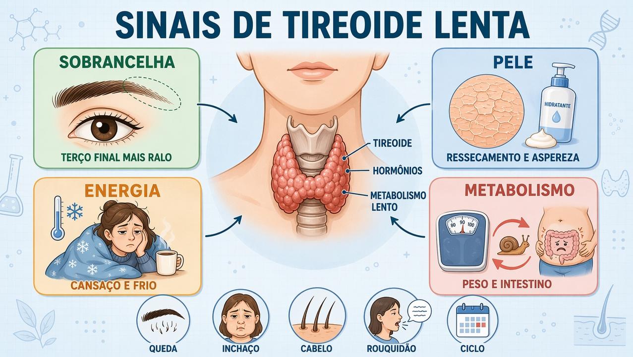 Quatro pistas do hipotireoidismo: sobrancelha, pele, energia e metabolismo.