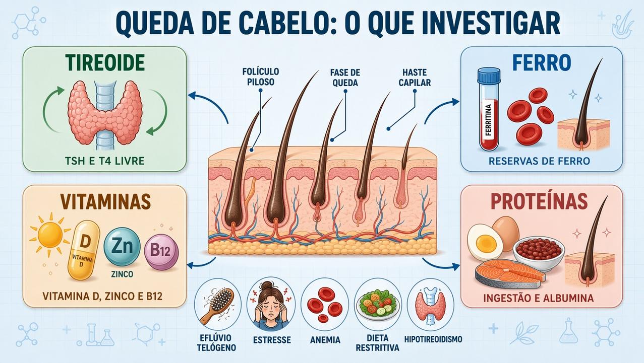 Infográfico resume os principais exames e causas por trás da queda capilar difusa.