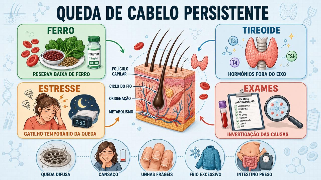 Infográfico resume ferro, tireoide, estresse e exames na investigação da queda.