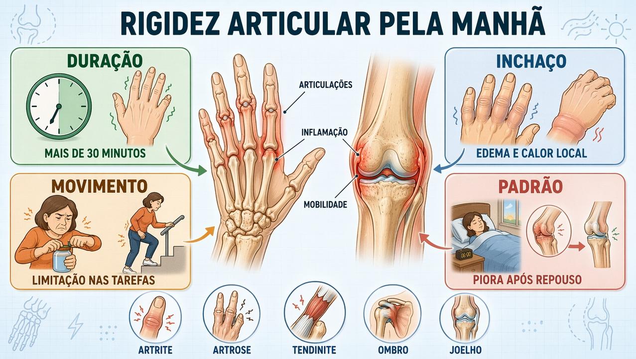 Duração, inchaço, limitação e padrão dos sintomas ajudam a avaliar as articulações.