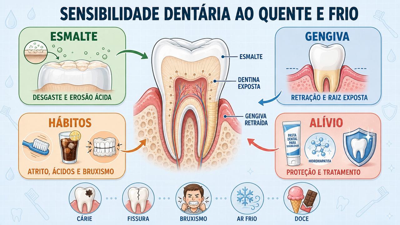 Infográfico resume esmalte, gengiva, hábitos e formas de aliviar a sensibilidade dentária.