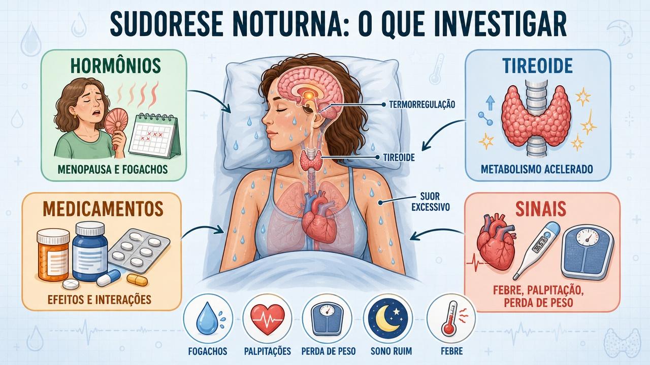 Infográfico resume hormônios, tireoide, medicamentos e sinais de alerta clínico.