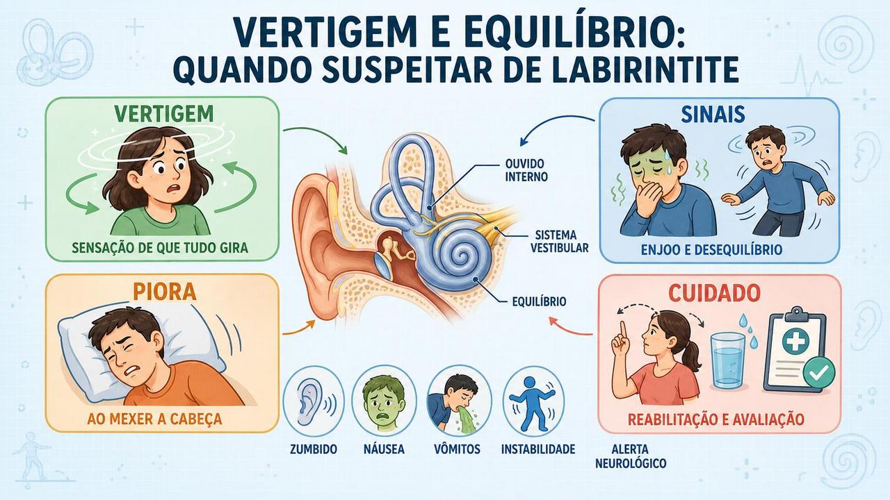 Infográfico resume sinais, piora, cuidados e sintomas ligados à vertigem vestibular.
