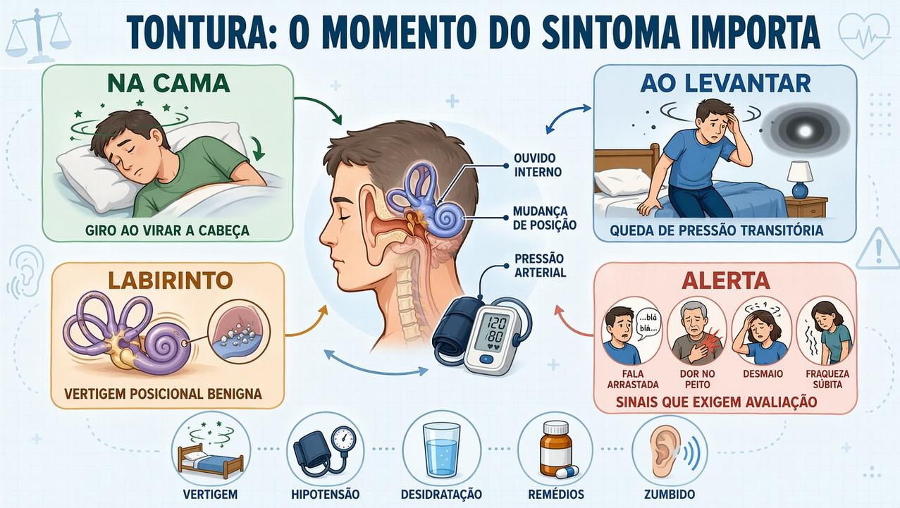 Infográfico resume labirinto, pressão baixa, sinais de alerta e fatores associados.