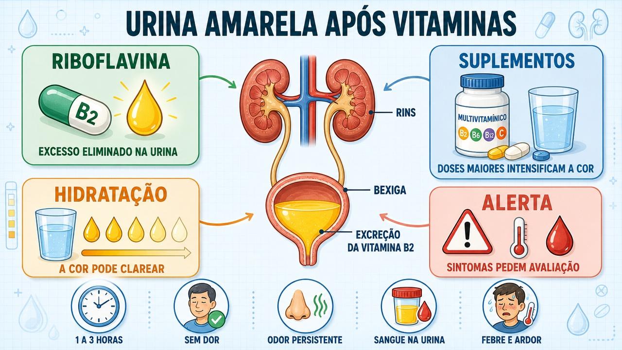 Riboflavina, suplementos, hidratação e sinais de alerta explicam a urina amarela.
