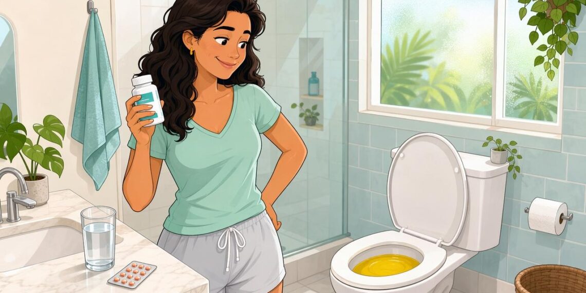 A urina bem amarela e forte logo depois de tomar vitamina nem sempre é problema, costuma ser apenas o excesso de vitamina B2 sendo eliminado