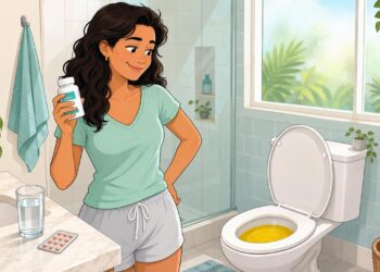 A urina bem amarela e forte logo depois de tomar vitamina nem sempre é problema, costuma ser apenas o excesso de vitamina B2 sendo eliminado