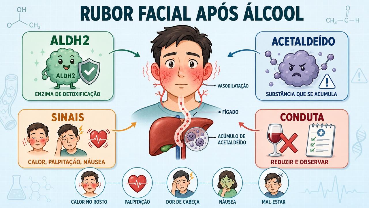 ALDH2, acetaldeído, sintomas e conduta formam os pilares do quadro.