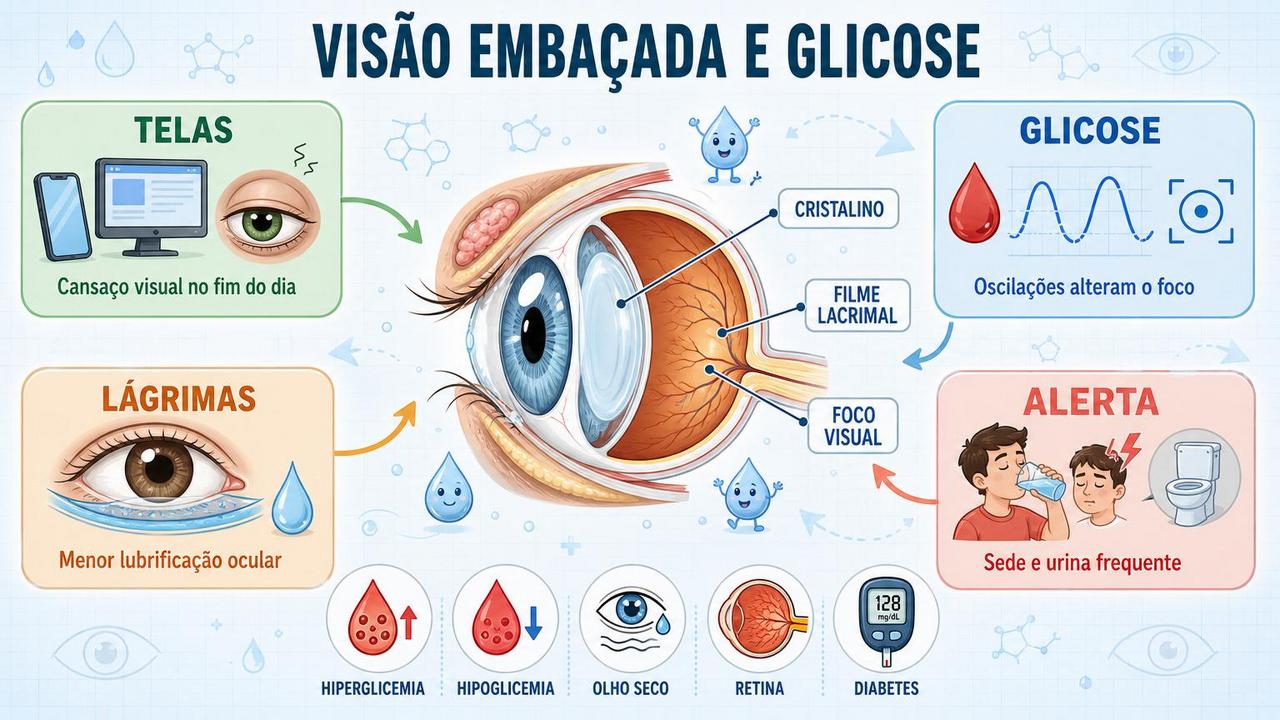Quatro sinais ligam visão embaçada, glicose, lubrificação ocular e diabetes.