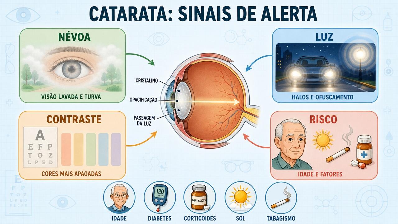 Infográfico resume sinais visuais e fatores de risco associados à catarata.