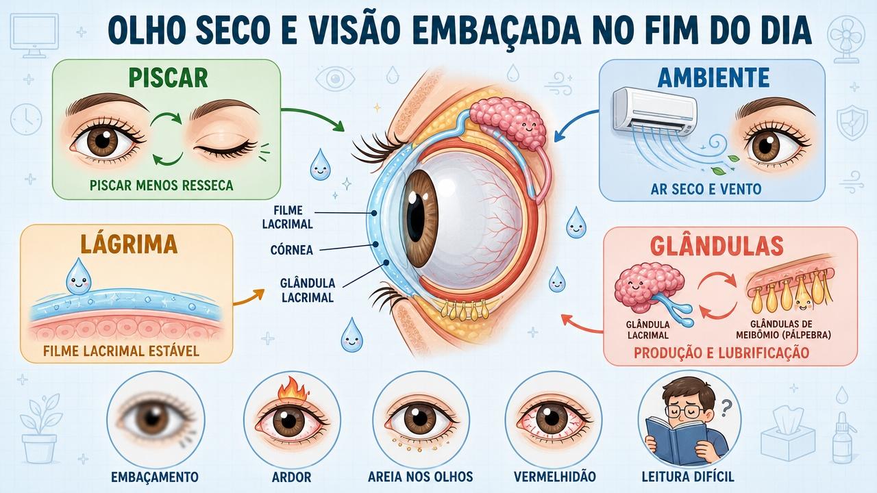 Infográfico resume os pilares que influenciam lubrificação ocular e sintomas do olho seco.