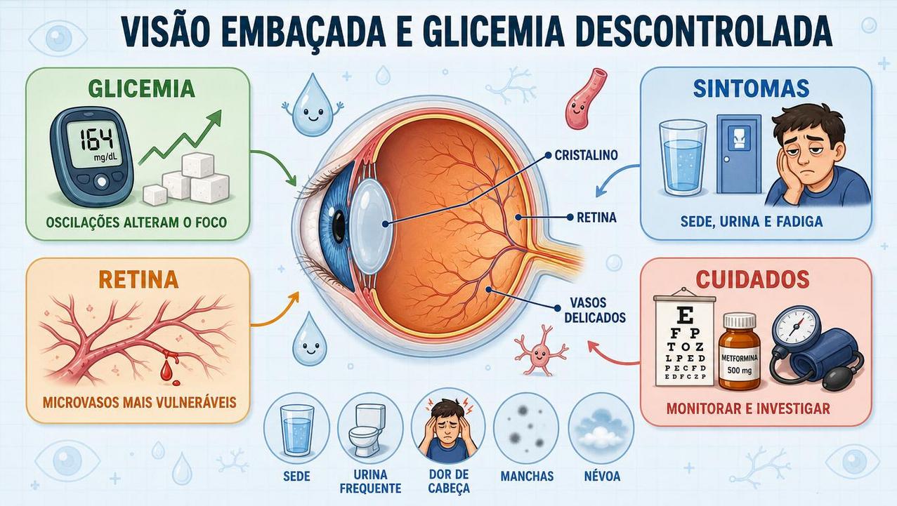 Glicemia, sintomas, retina e cuidados formam os pilares da investigação.