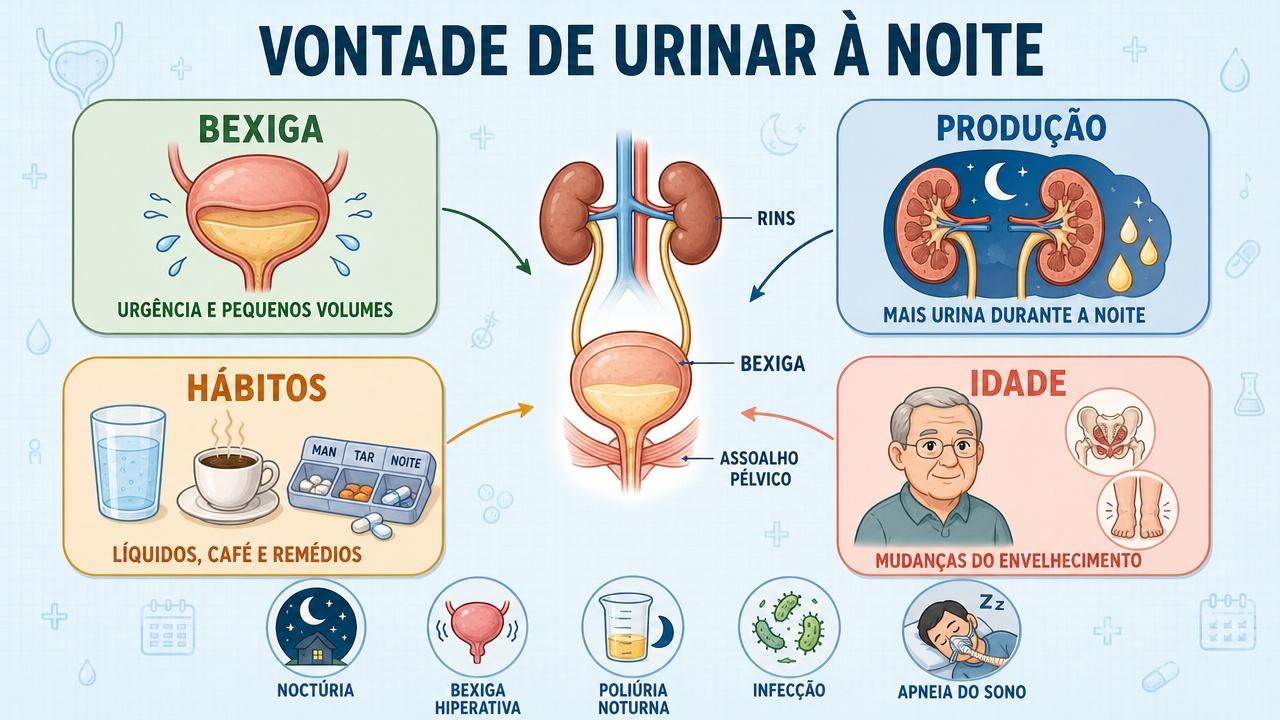 Infográfico resume causas, sinais e fatores da vontade de urinar à noite.
