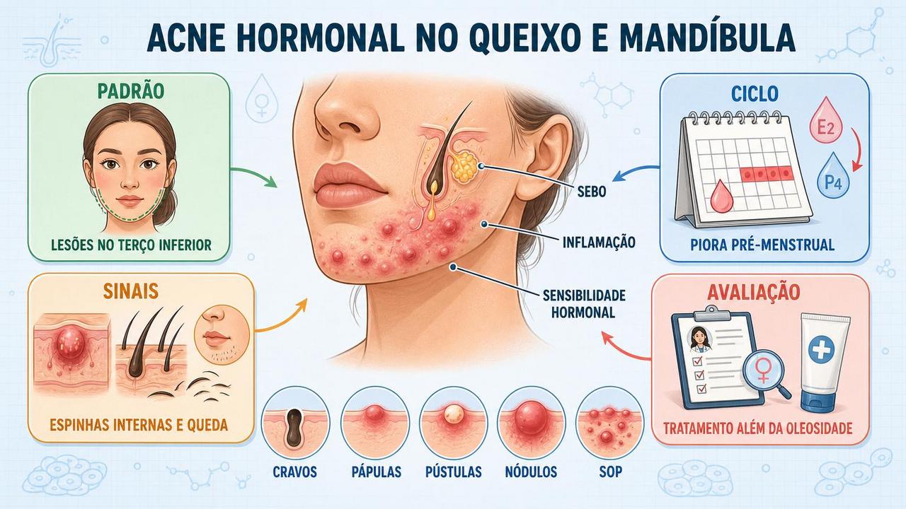 Infográfico resume padrão, ciclo, sinais associados e avaliação da acne hormonal.