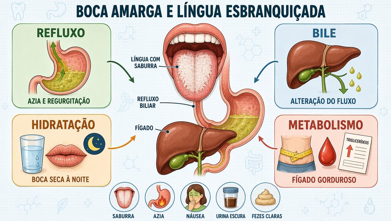 Infográfico resume refluxo, bile, hidratação e metabolismo ligados aos sintomas.