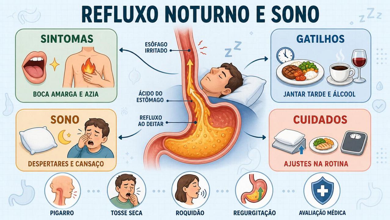 Sintomas, gatilhos, impacto no sono e cuidados no refluxo noturno.