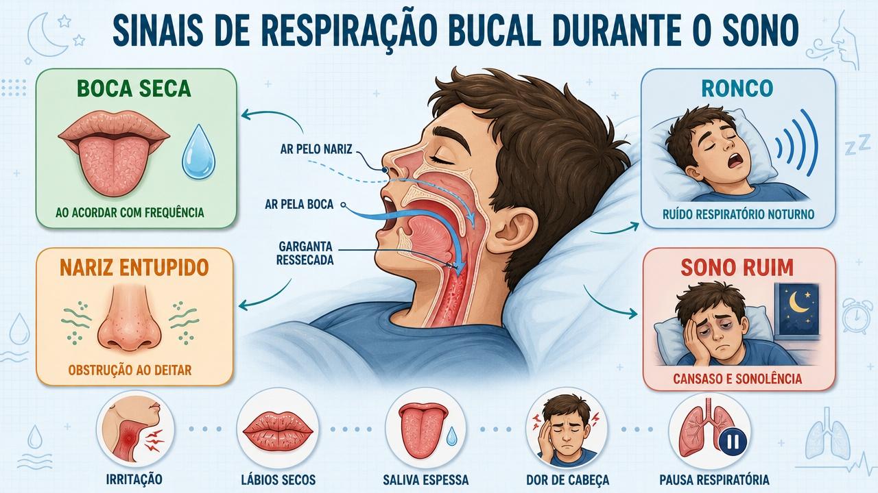 Infográfico resume sinais da respiração bucal: boca seca, ronco, obstrução nasal e sono ruim.