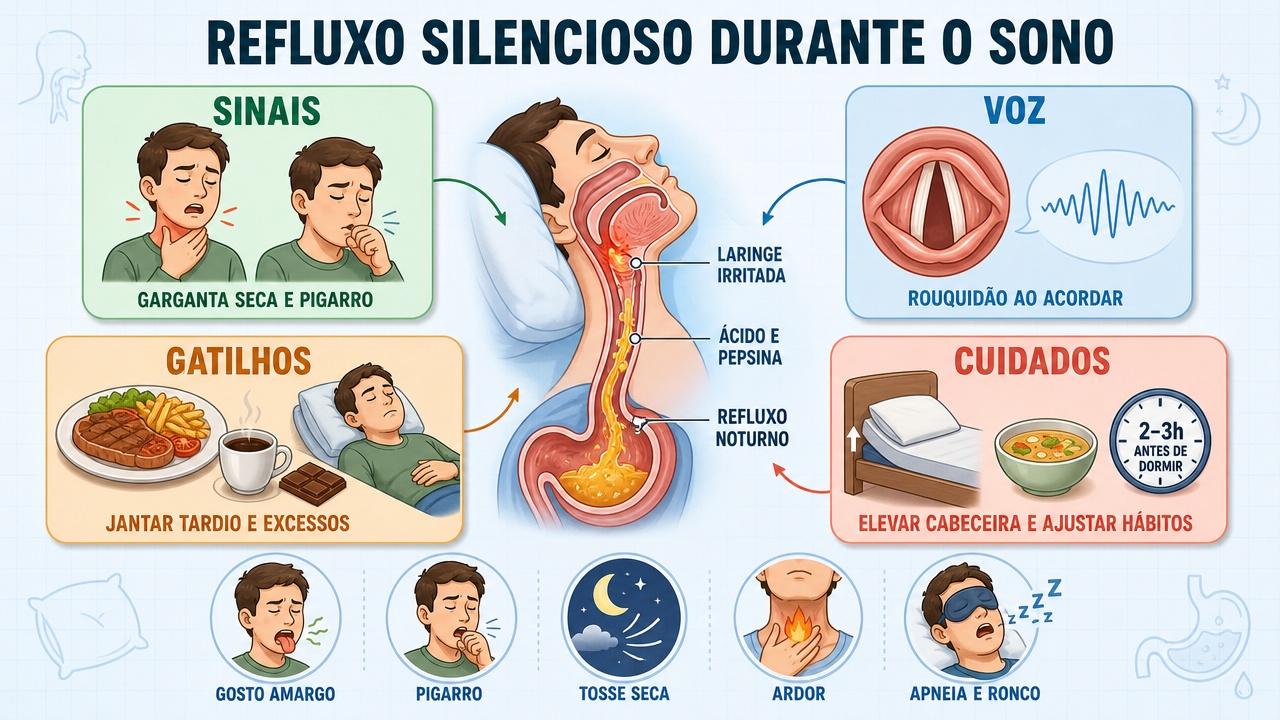 Infográfico resume sinais, gatilhos, cuidados e impactos do refluxo silencioso noturno.