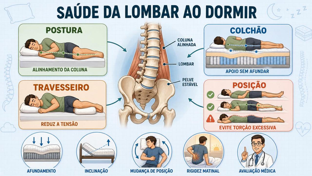 Postura, colchão, travesseiro e posição ajudam a proteger a lombar durante o sono.