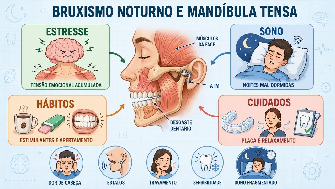Estresse, sono, hábitos e cuidados explicam o ciclo do bruxismo noturno.