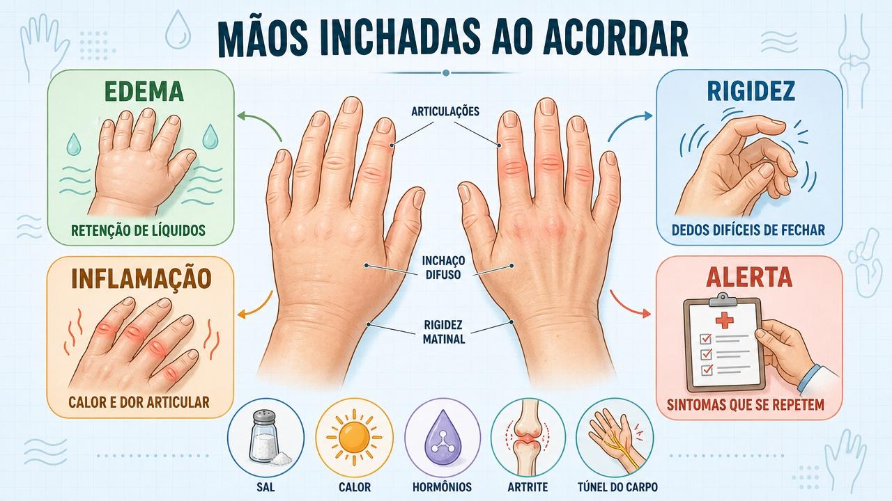 Infográfico resume sinais, causas e alertas das mãos inchadas pela manhã.
