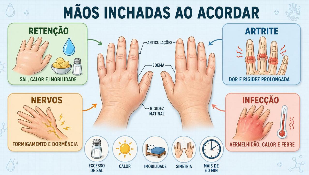 Infográfico resume causas e sinais de alerta para mãos inchadas matinais.