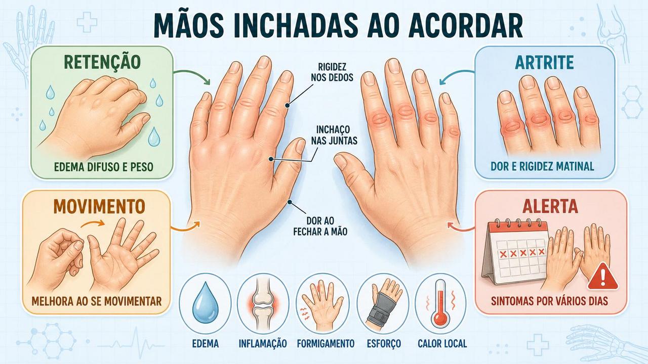 Infográfico resume sinais, diferenças e alertas das mãos inchadas pela manhã.