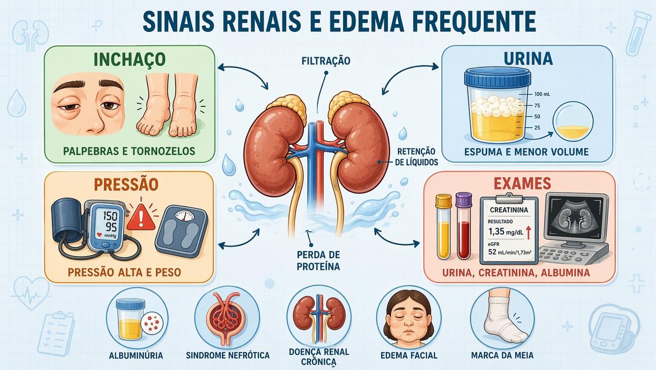 Infográfico resume sinais, exames e alertas ligados ao edema de origem renal.