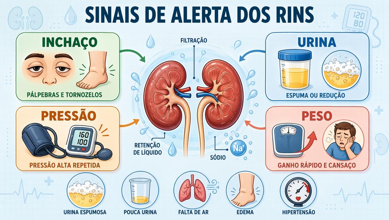 Infográfico reúne sinais renais: inchaço, urina alterada, pressão alta e ganho de peso.