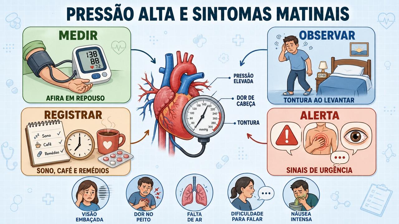 Infográfico resume medição, observação, registro e sinais de alerta da pressão alta.