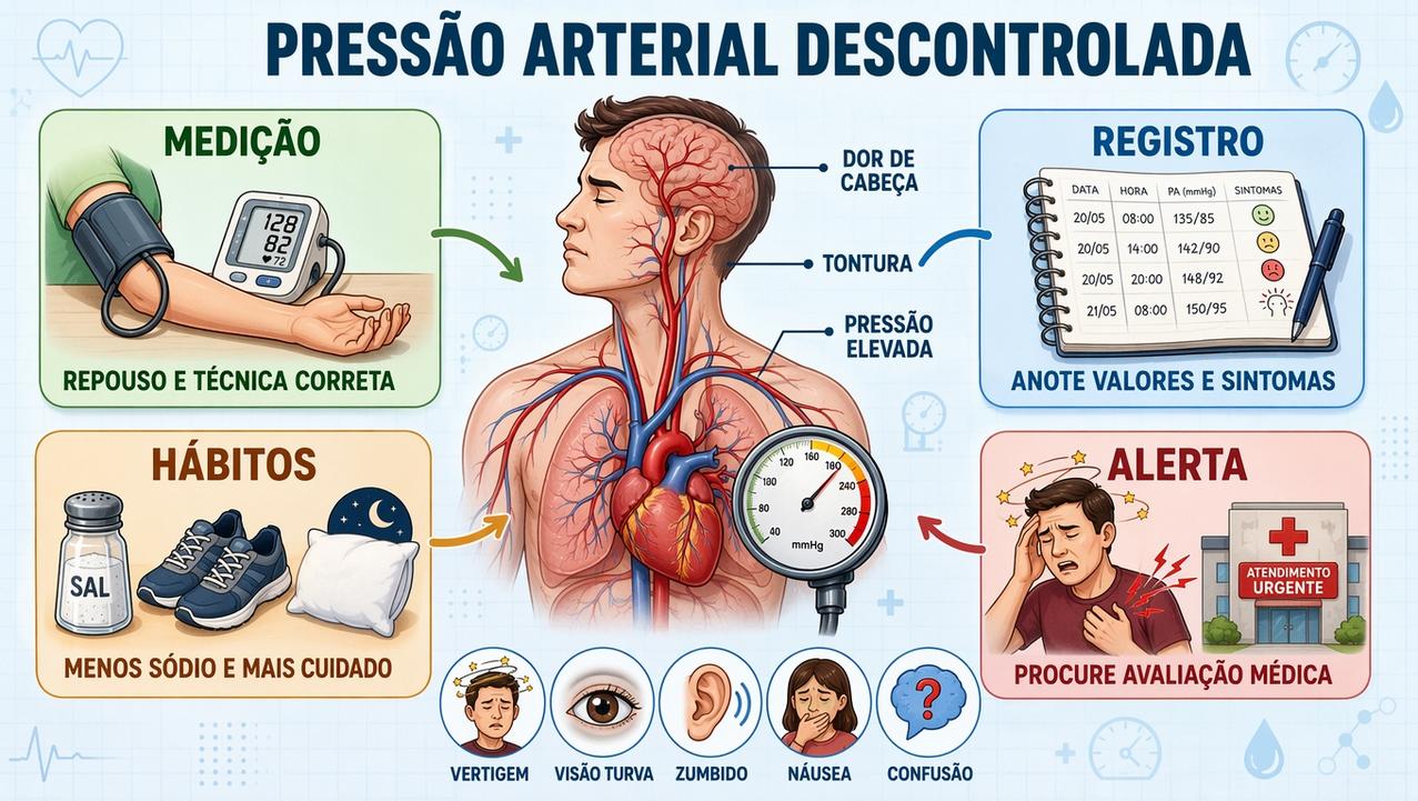 Medição, registro, hábitos e alerta médico orientam o controle da pressão.