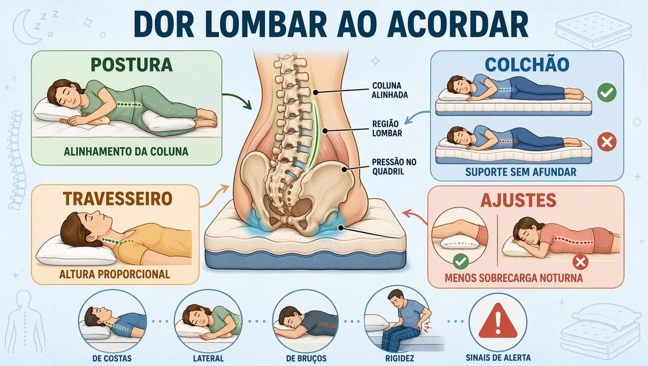 Postura, colchão, travesseiro e ajustes noturnos ajudam a reduzir rigidez lombar.