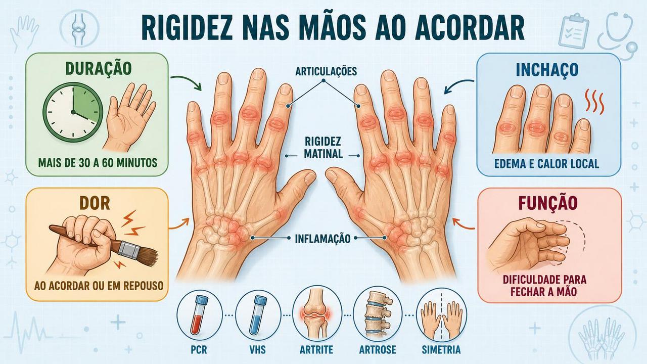 Duração, inchaço, dor e função ajudam a avaliar rigidez articular matinal.