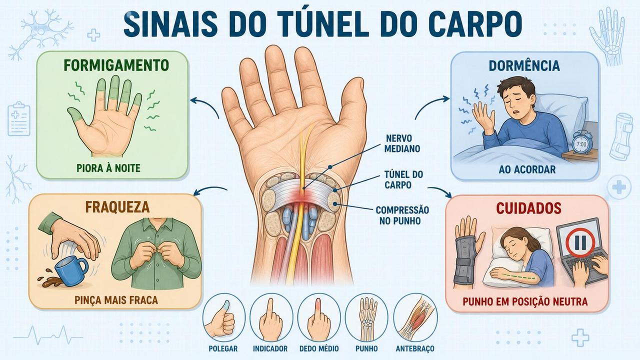 Infográfico resume sintomas, fraqueza e cuidados ligados à compressão do nervo mediano.