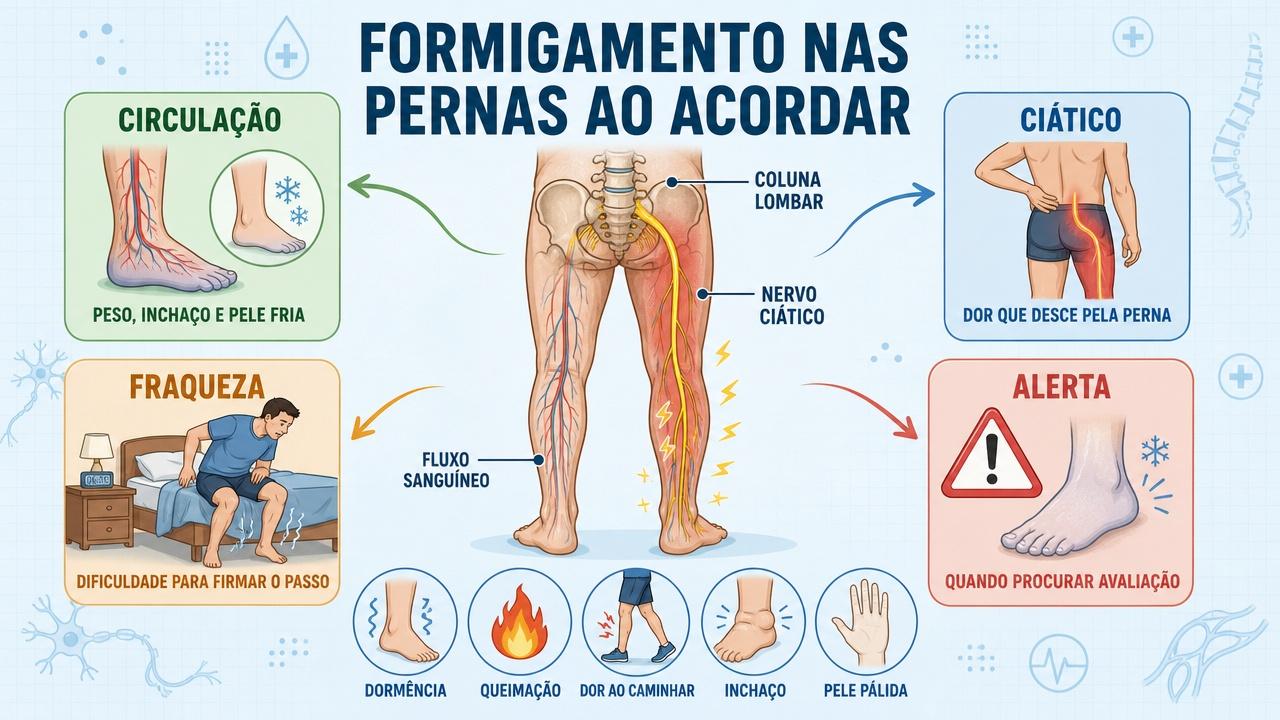 Infográfico resume sinais de circulação ruim, ciática, fraqueza e alertas importantes.