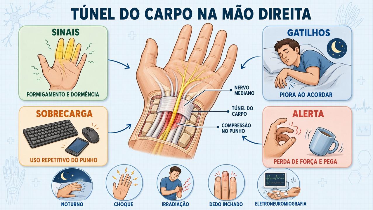 Infográfico resume sinais, gatilhos, sobrecarga e alertas do túnel do carpo.
