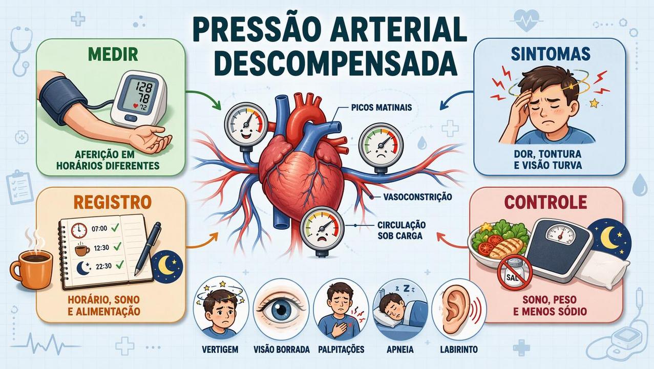 Aferição, sintomas, registro e controle ajudam a investigar pressão descompensada.