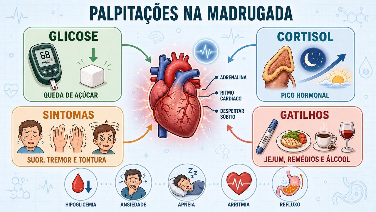 Infográfico resume glicose, cortisol, sintomas e gatilhos das palpitações noturnas.
