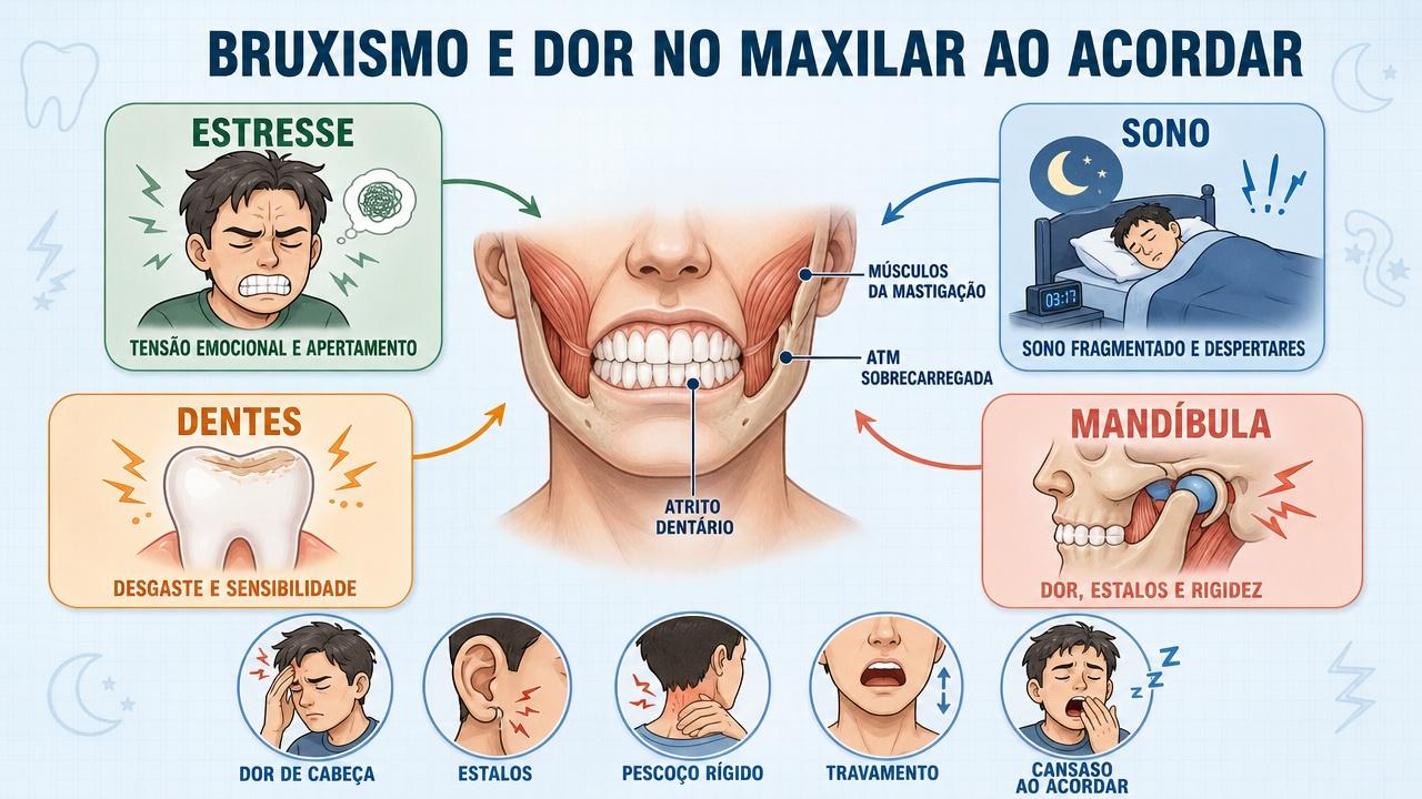 Infográfico resume estresse, sono, dentes e mandíbula no quadro de bruxismo.