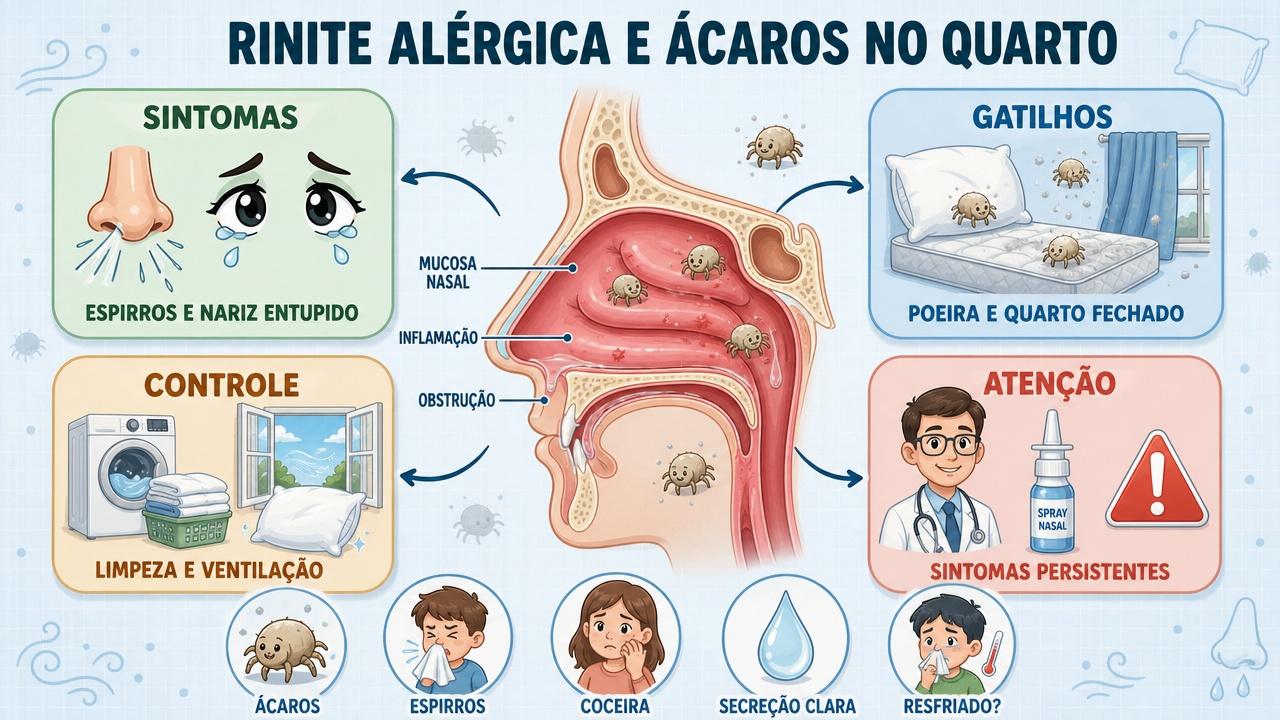 Infográfico resume sintomas, gatilhos, controle ambiental e sinais de atenção.